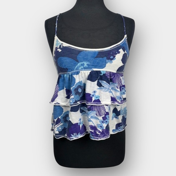 Aeropostale Women's Blue Purple Floral Ruffle Cami Top Small Spaghetti Strap - Picture 1 of 8